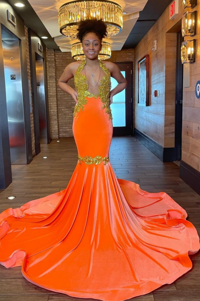 orange velvet prom dress Halter Sweetheart Lace-Up Back Velvet Sequin Dress JA2392 by Jessica Angel Orange / M