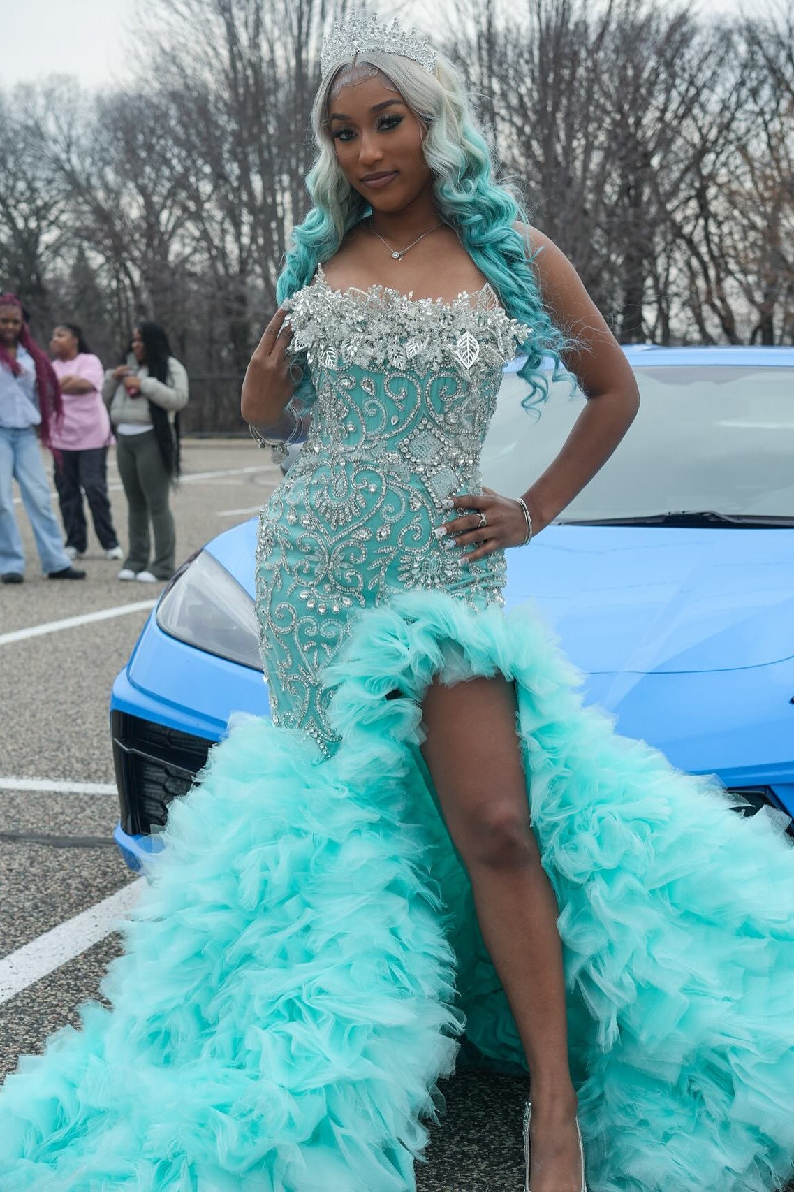 Nectarean Mint Green Strapless Mermaid Beadings Crystal Puffy Layers Prom Dresses