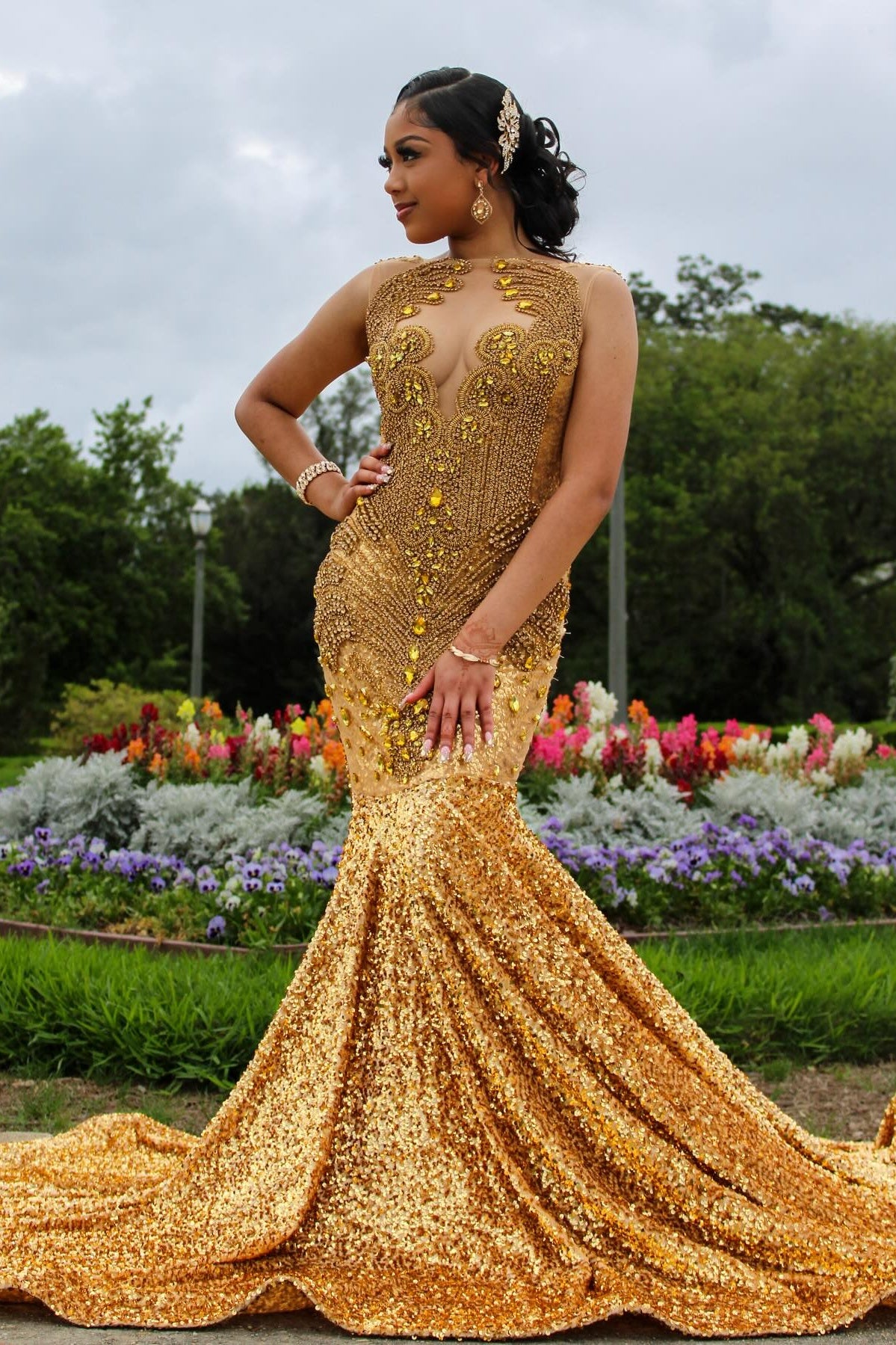 Generous Gold Jewel Mermaid Beadings Sequins Prom Dresses With Crystal