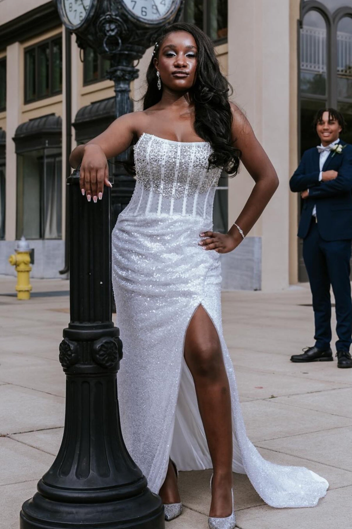 Chic White Strapless Front Split Beadings Sequins Prom Dresses