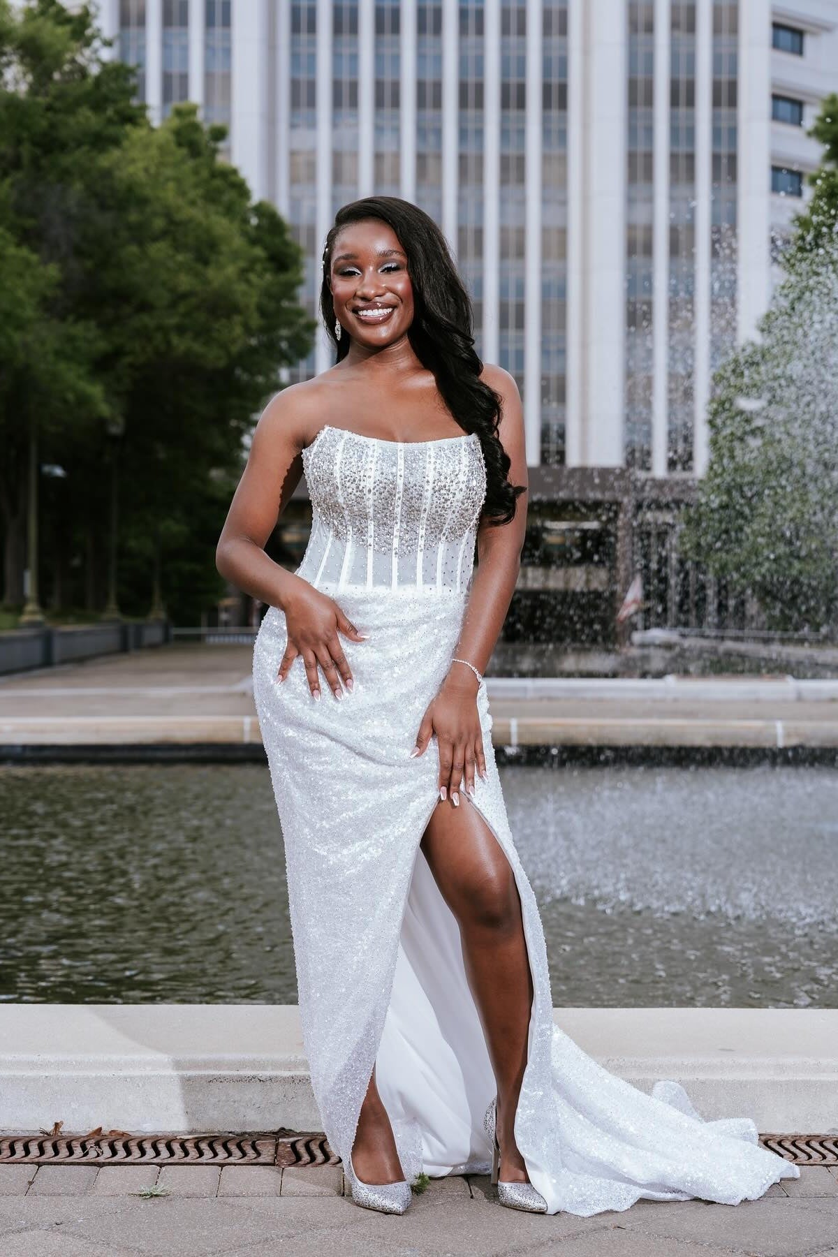 Chic White Strapless Front Split Beadings Sequins Prom Dresses