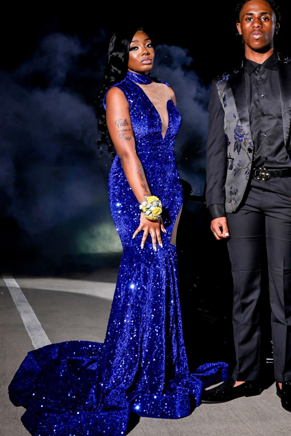 Gorgeous Royal Blue Mermaid High Neck Sequins Prom Dresses