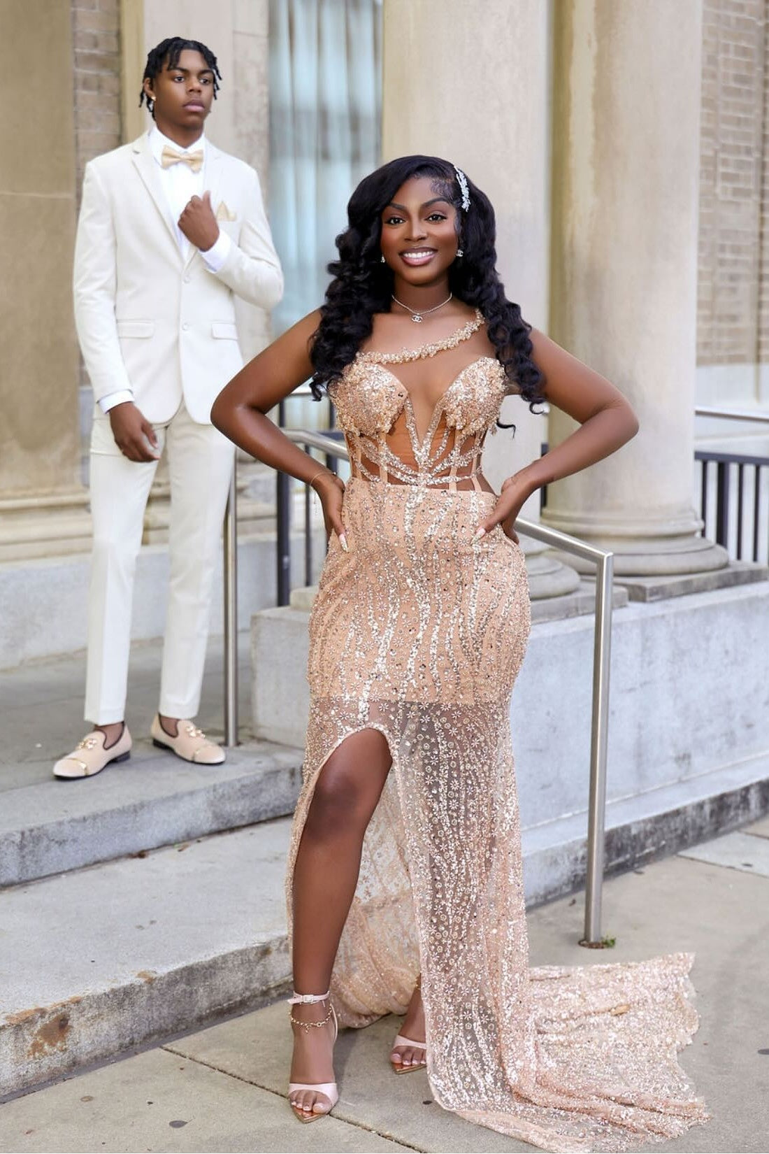 Handsome Gold Mermaid Front Split Sequins Prom Dresses