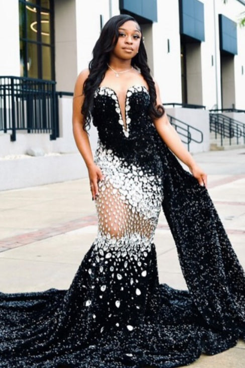 Classy Black Sweetheart Mermaid Sequins Prom Dresses With Crystal
