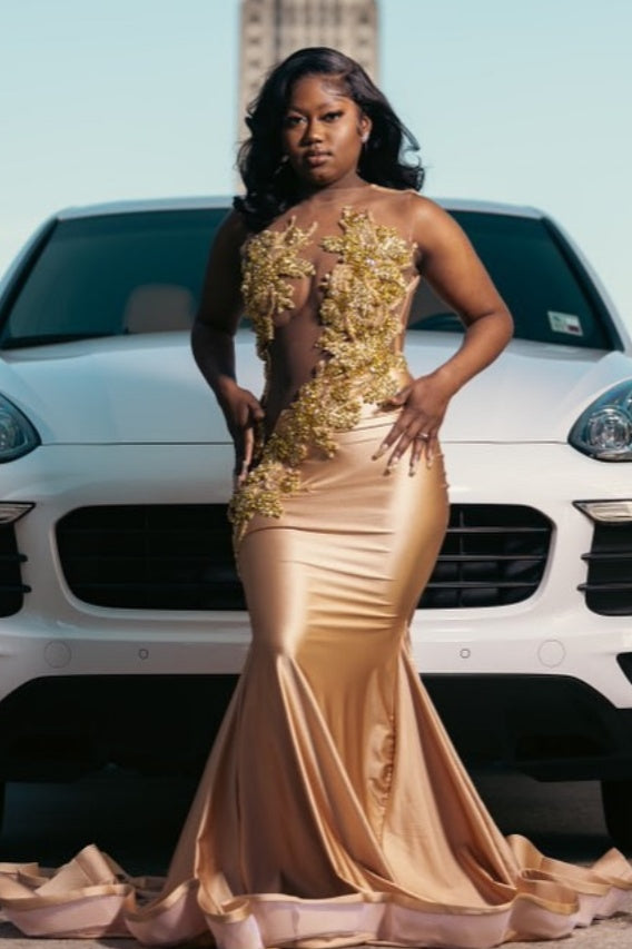 Modern Gold Jewel Mermaid Sleeveless Beadings Prom Dresses
