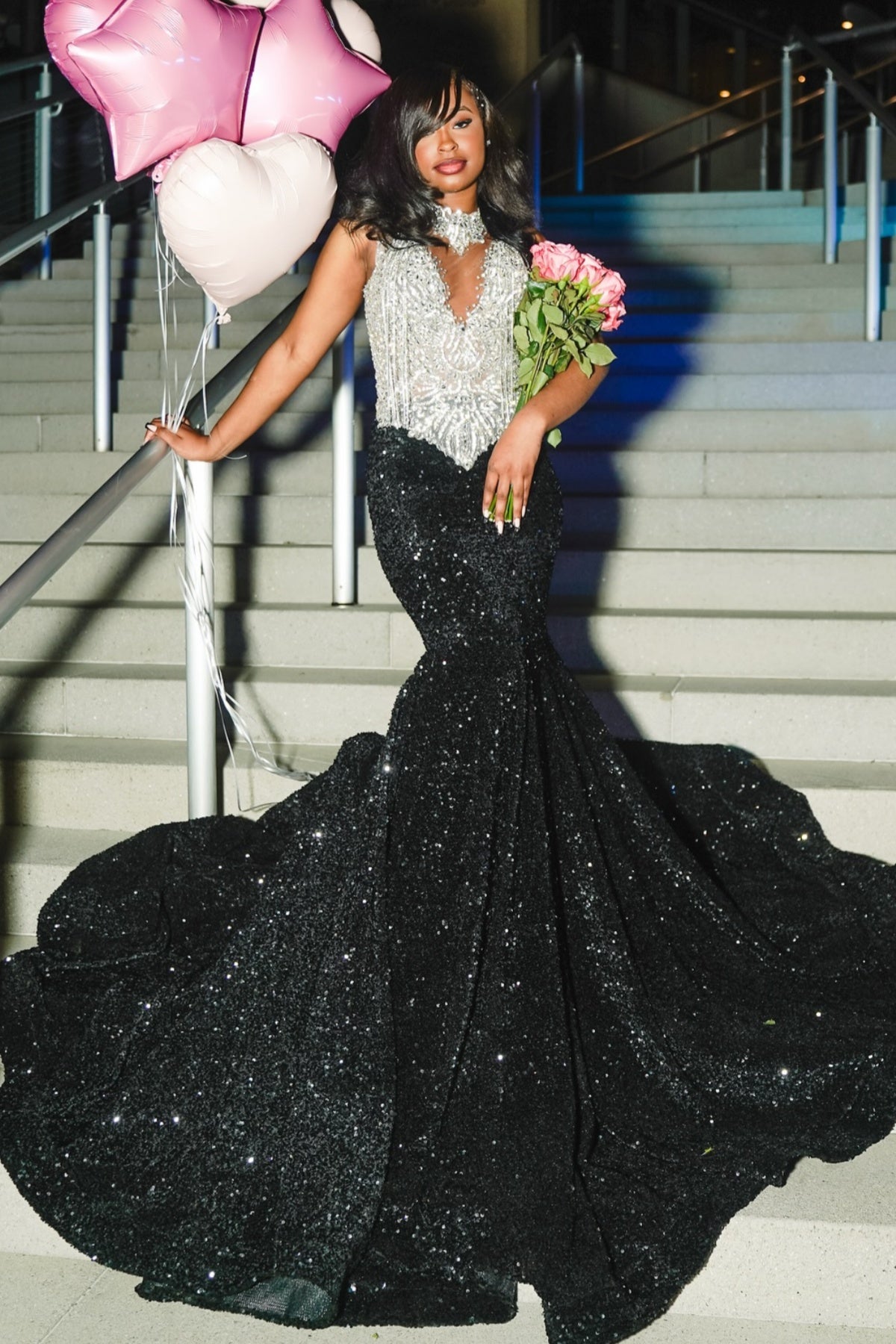 Dignified Black Sequins High Collar Beadings Mermaid Prom Dresses
