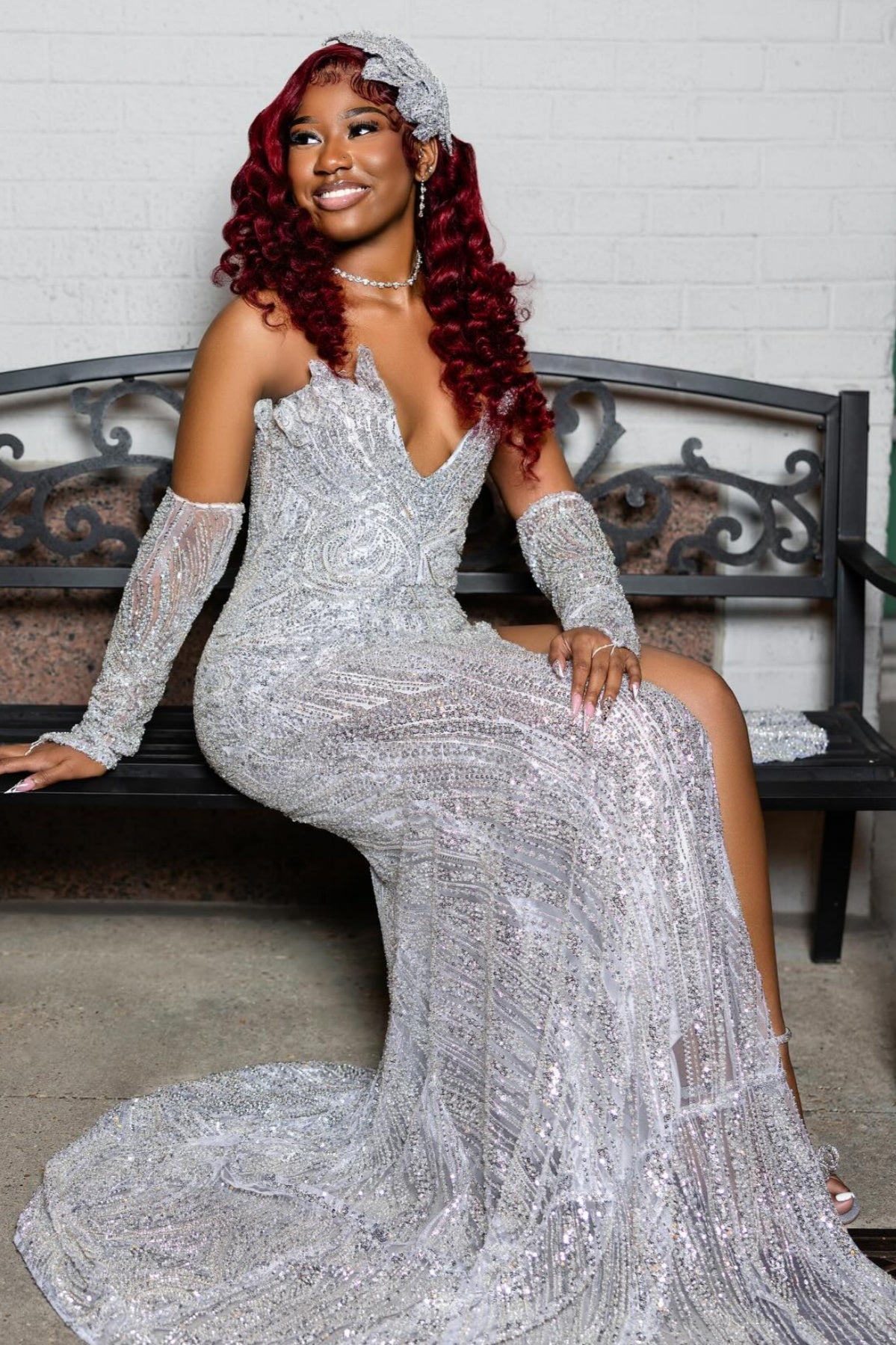 Sexy Silver V Neck Front Split Sequins Mermaid Prom Dresses With Gloves