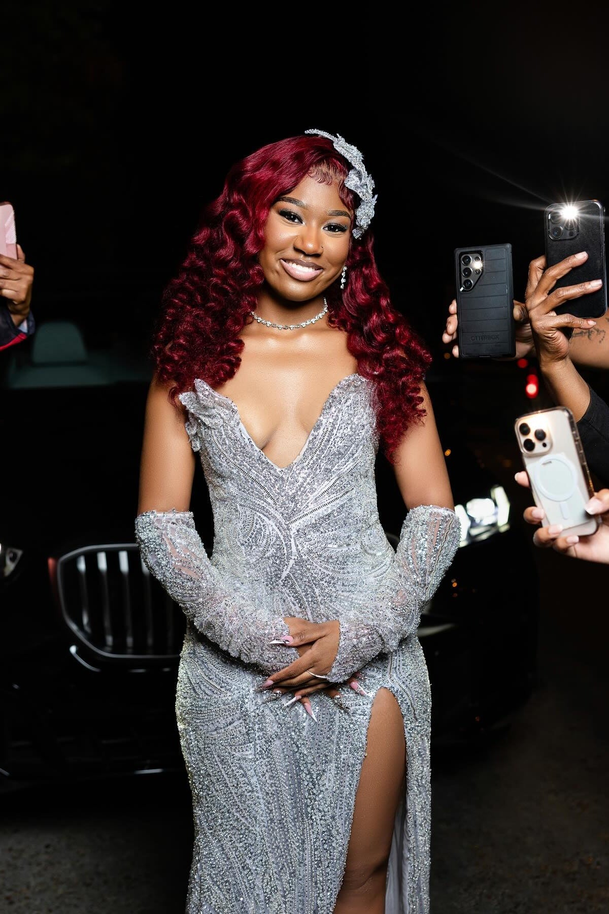 Sexy Silver V Neck Front Split Sequins Mermaid Prom Dresses With Gloves