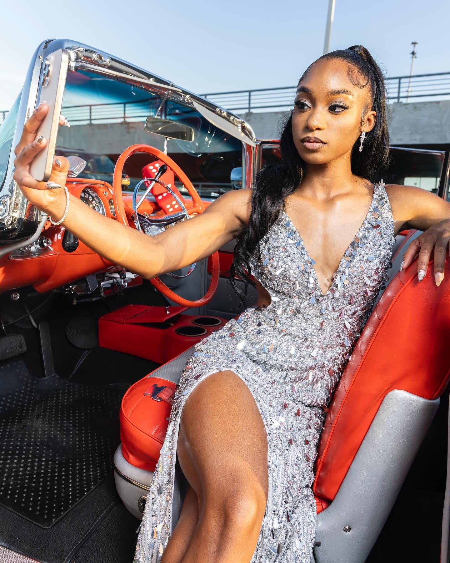 Gorgeous Silver V Neck Open Back Side Slit Sequins Prom Dresses