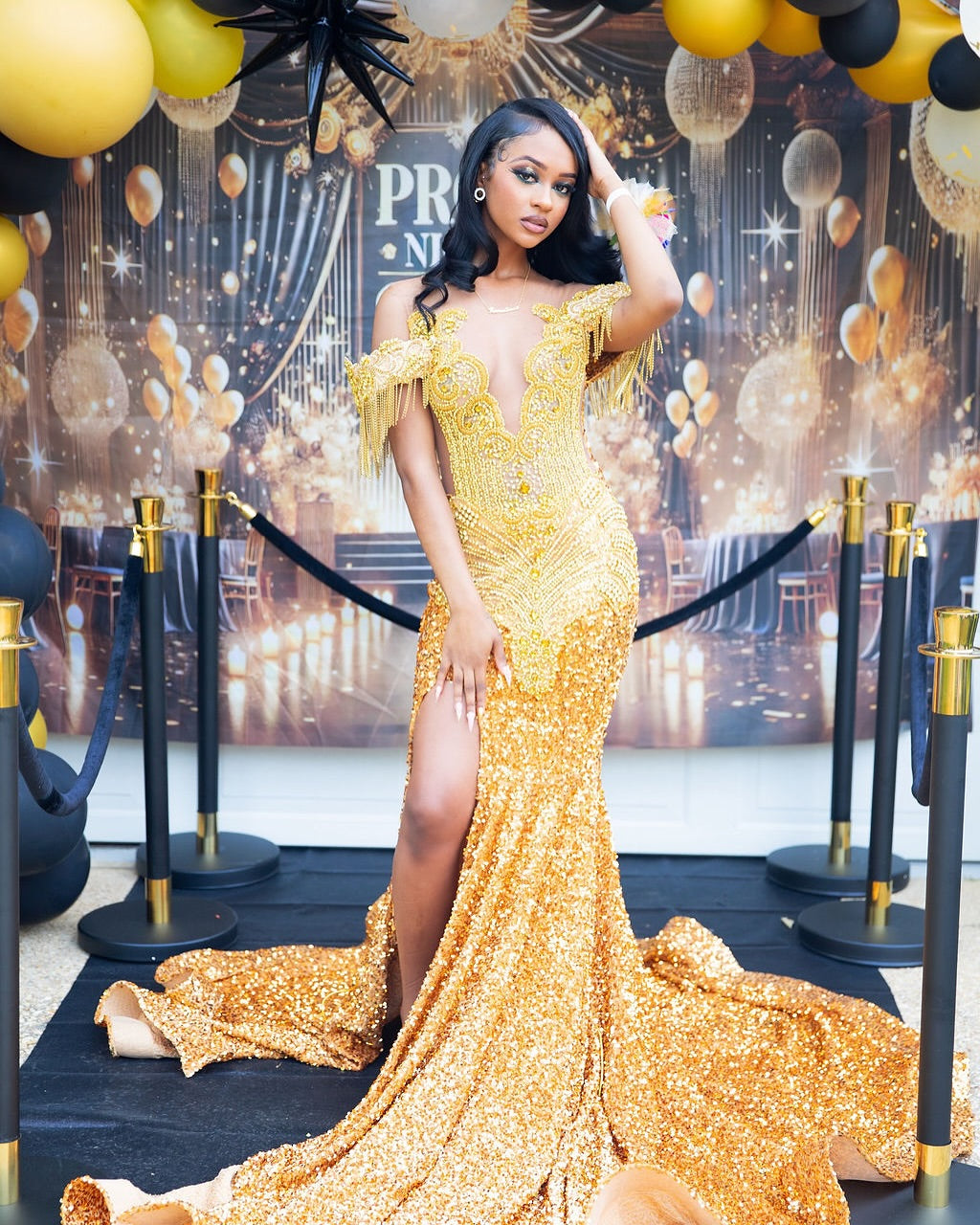 Shiny Gold Sequins Side Slit Prom Dresses with Beadings