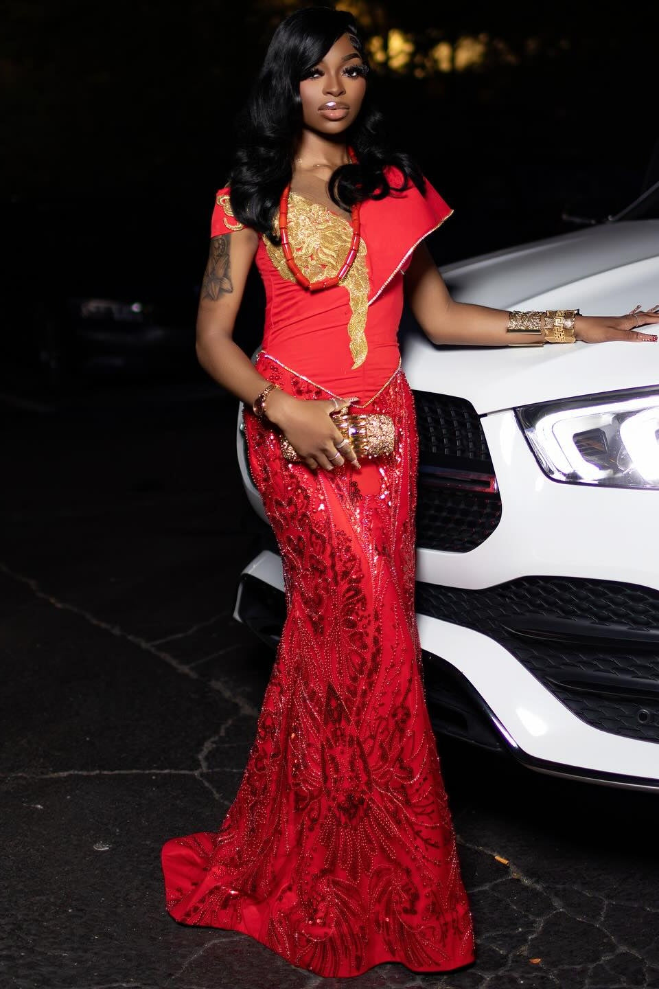 Dignified Red V Neck Mermaid Beadings Prom Dresses With Sequins