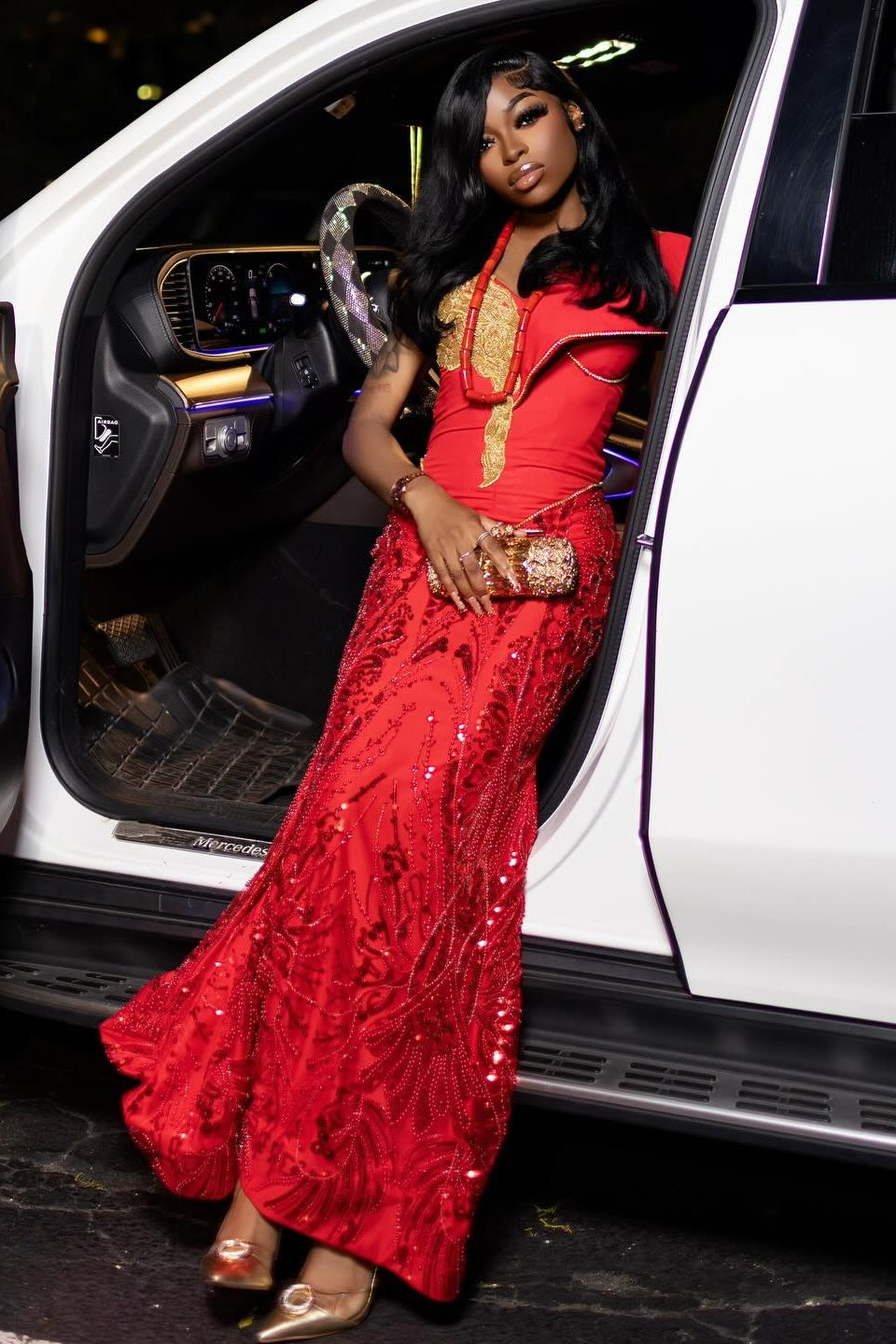 Dignified Red V Neck Mermaid Beadings Prom Dresses With Sequins