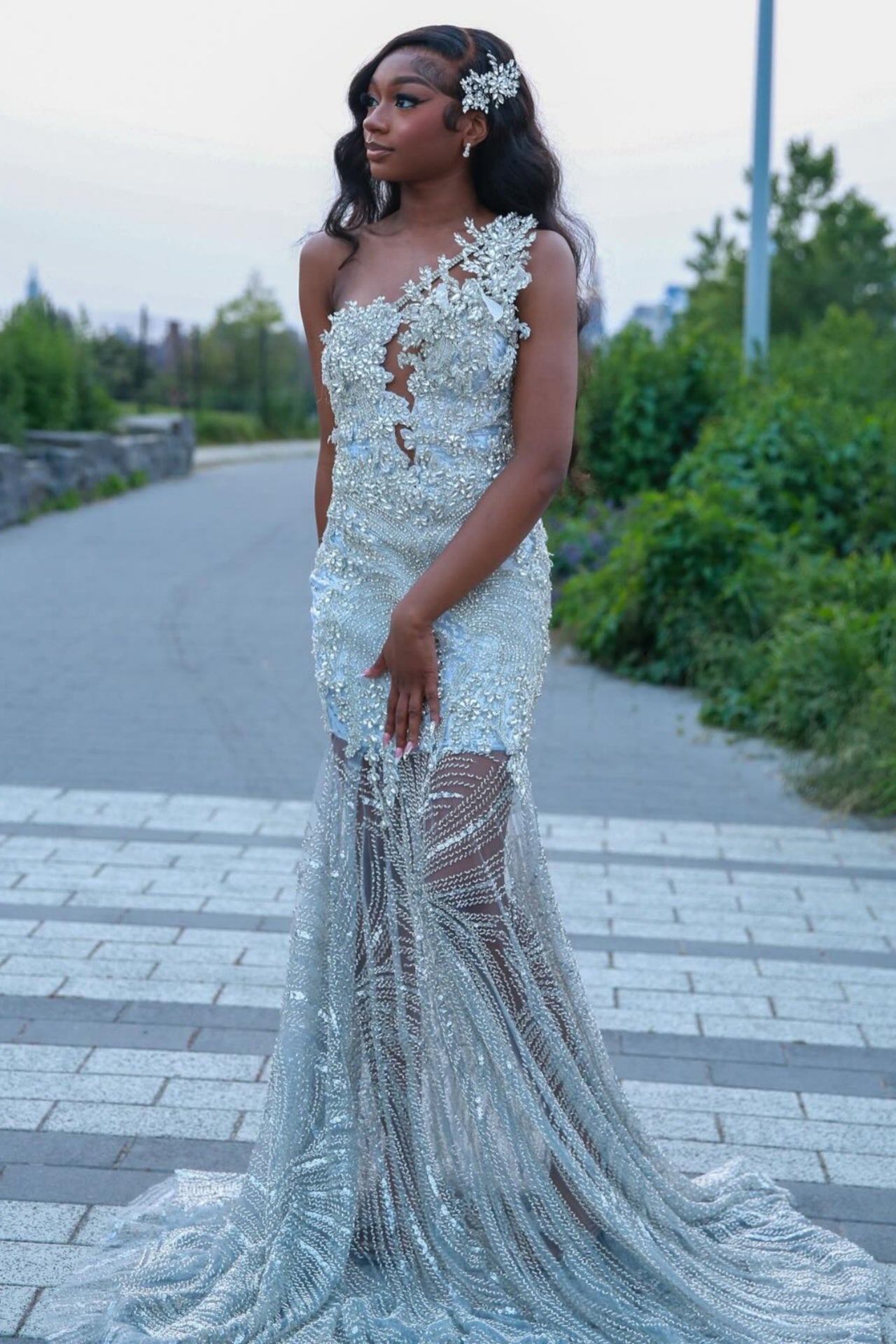 Lovely Silver One Shoulder Mermaid Beadings Sequins Prom Dresses