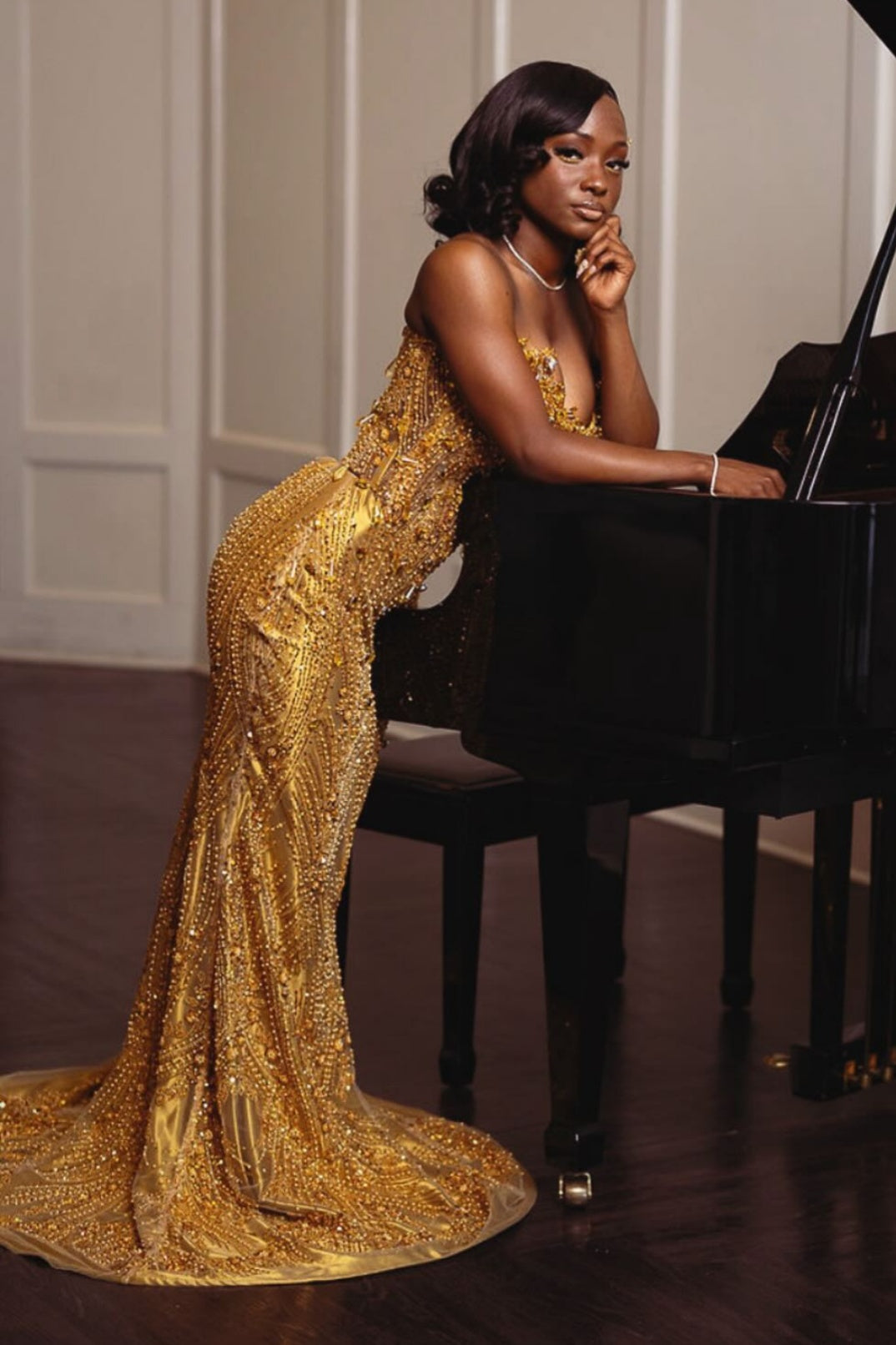 Sparkle Golden Strapless Mermaid Beadings Prom Dresses