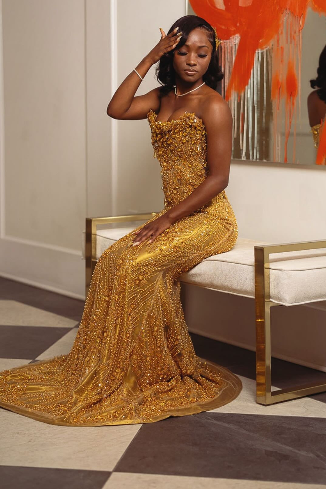 Sparkle Golden Strapless Mermaid Beadings Prom Dresses