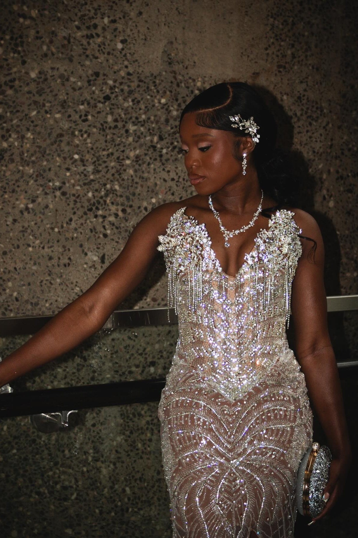 Fancy V Neck Mermaid Front Slit Beadings Sequins Prom Dresses