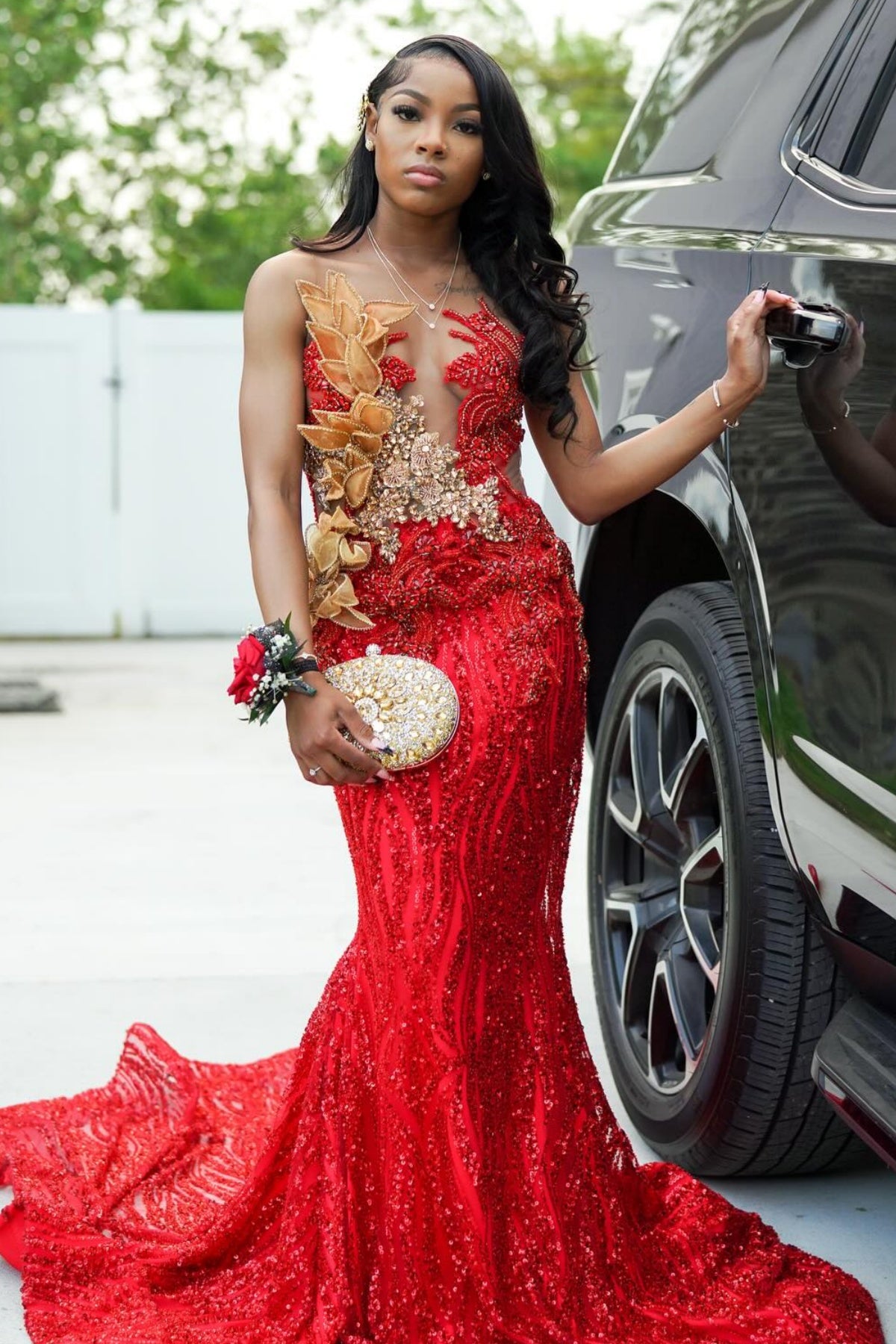 Gorgeous Red V Neck Mermaid Beadings Sequins Prom Dresses