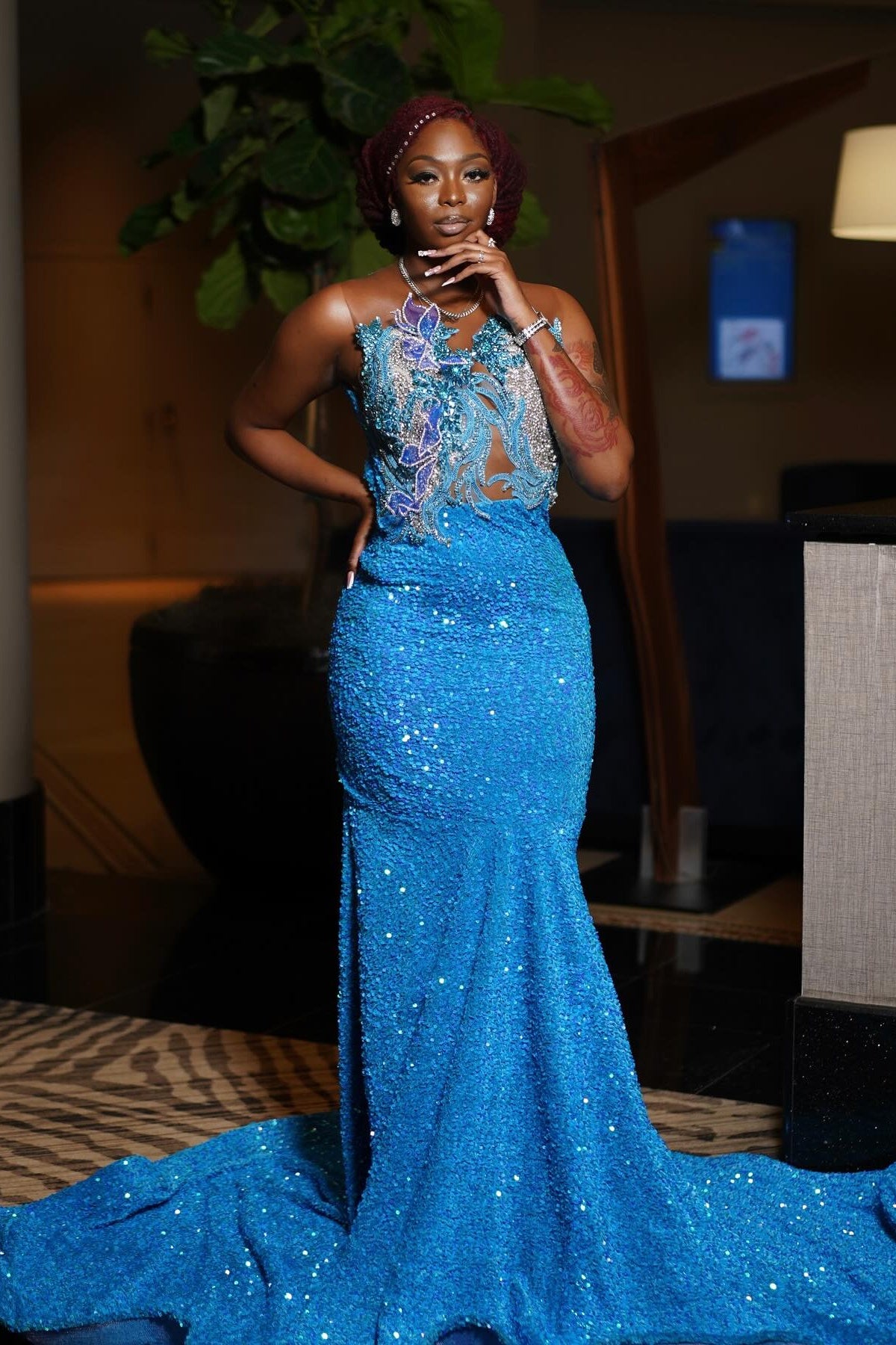 Charming Blue Jewel Mermaid Beadings Sequins Prom Dresses