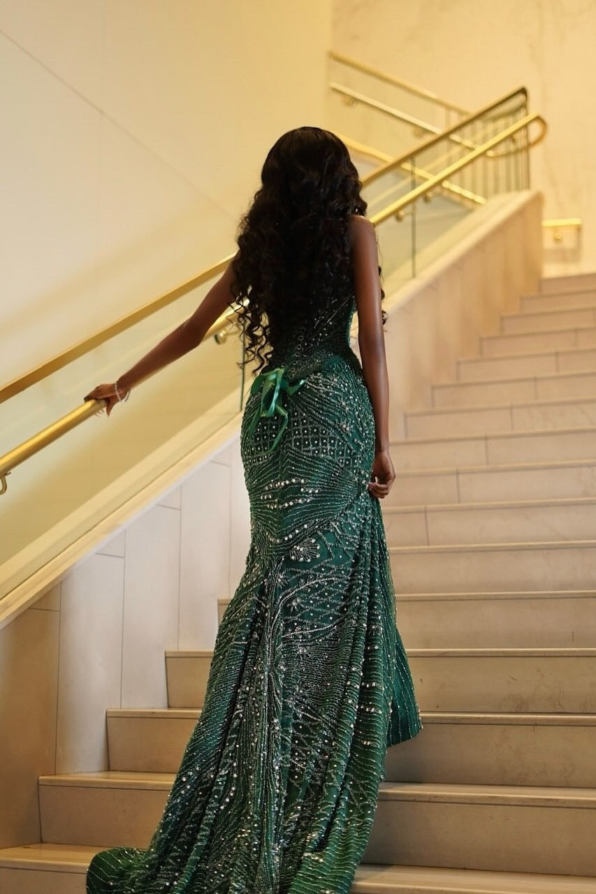 Intellectuality Green Strapless Mermaid Beadings Sequins Prom Dresses