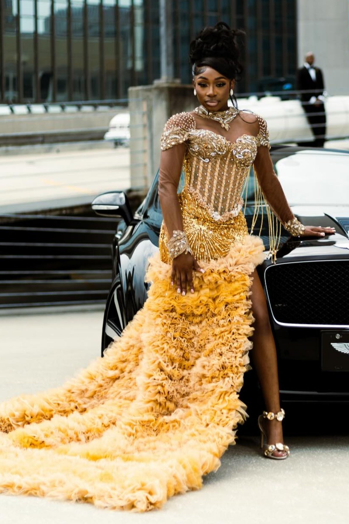 Wonderful Yellow Long Sleeves High Neck Beadings Prom Dresses With Puffy Layers