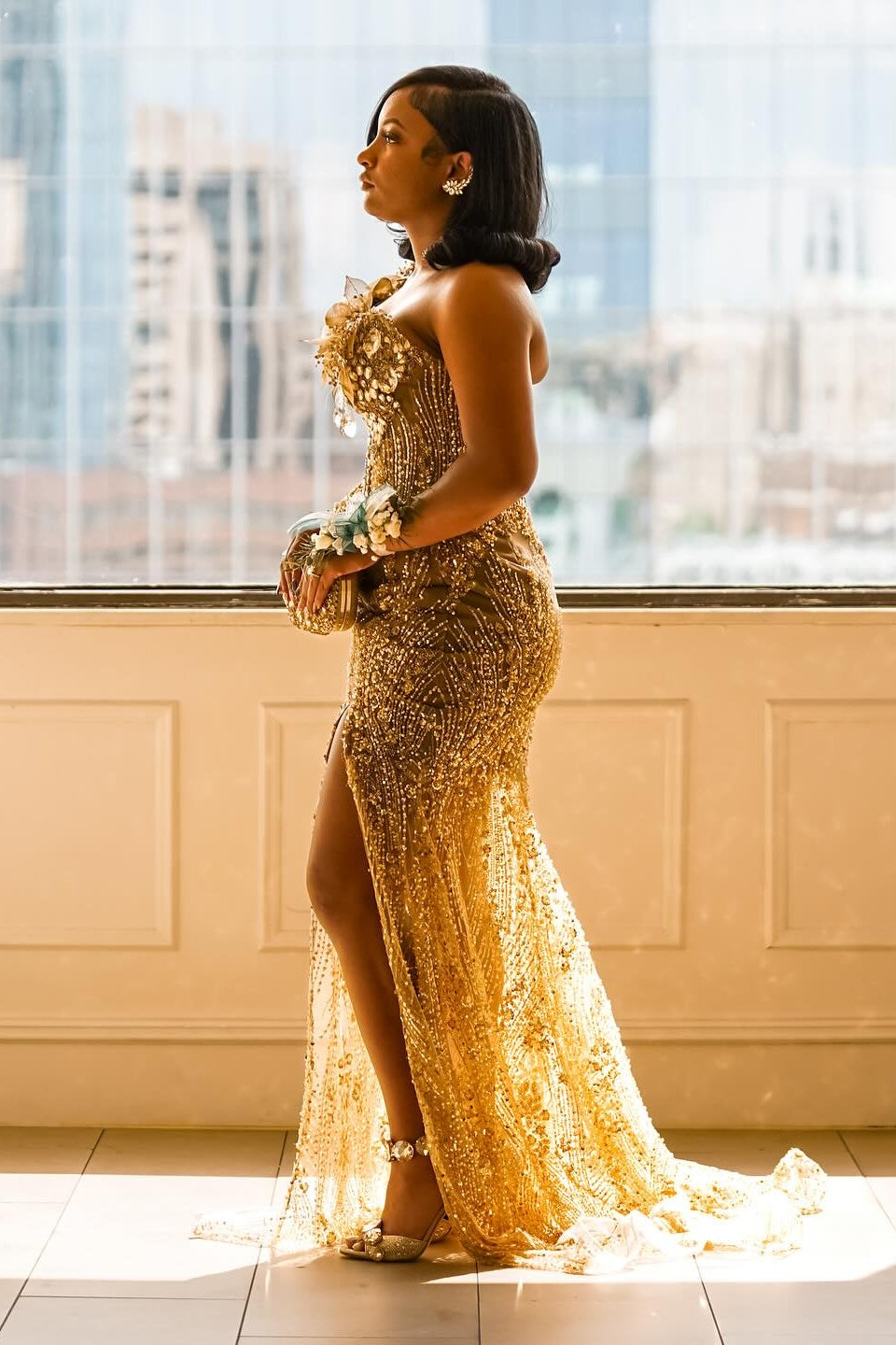 Handsome Golden One Shoulder Mermaid Beadings Sequins Prom Dresses