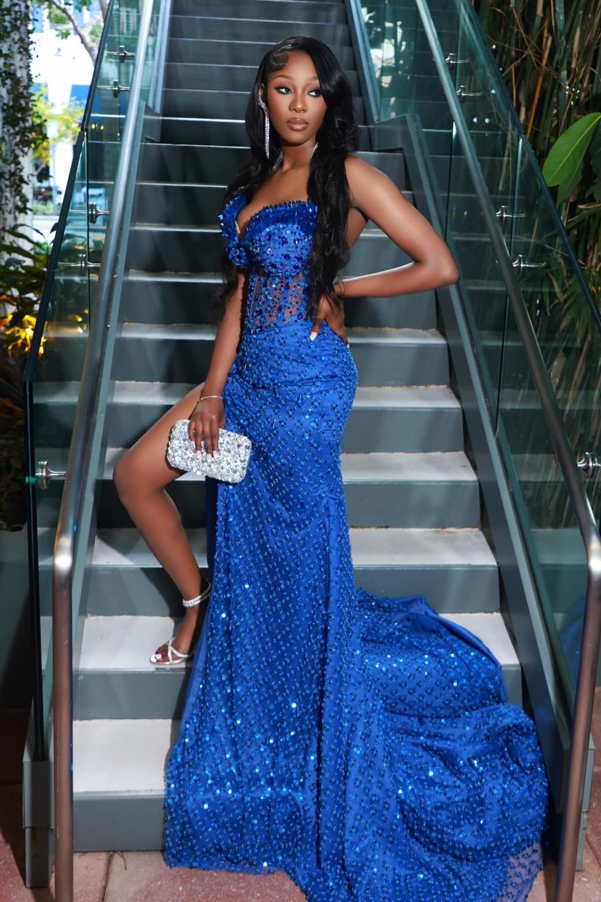Luxury Blue Sweetheart High Split Mermaid Beadings Sequins Prom Dresses