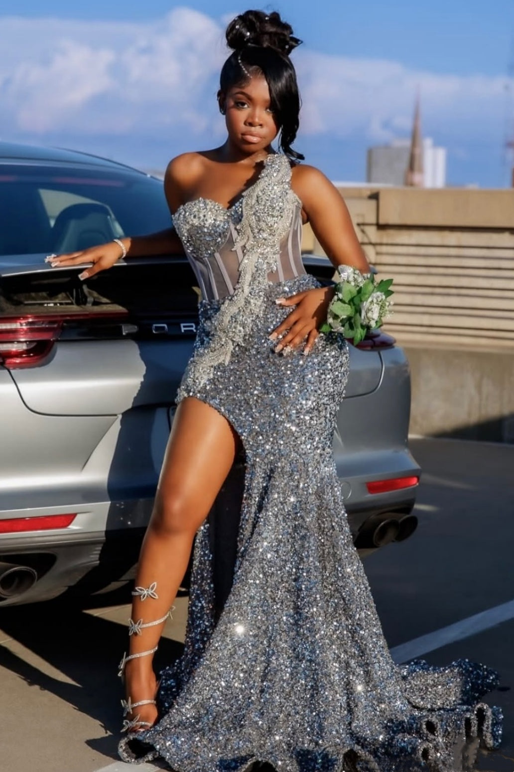 Chic Dusty Blue One Shoulder High Split Beadings Sequins Prom Dresses