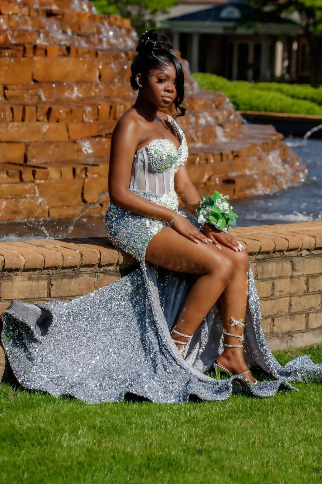 Chic Dusty Blue One Shoulder High Split Beadings Sequins Prom Dresses