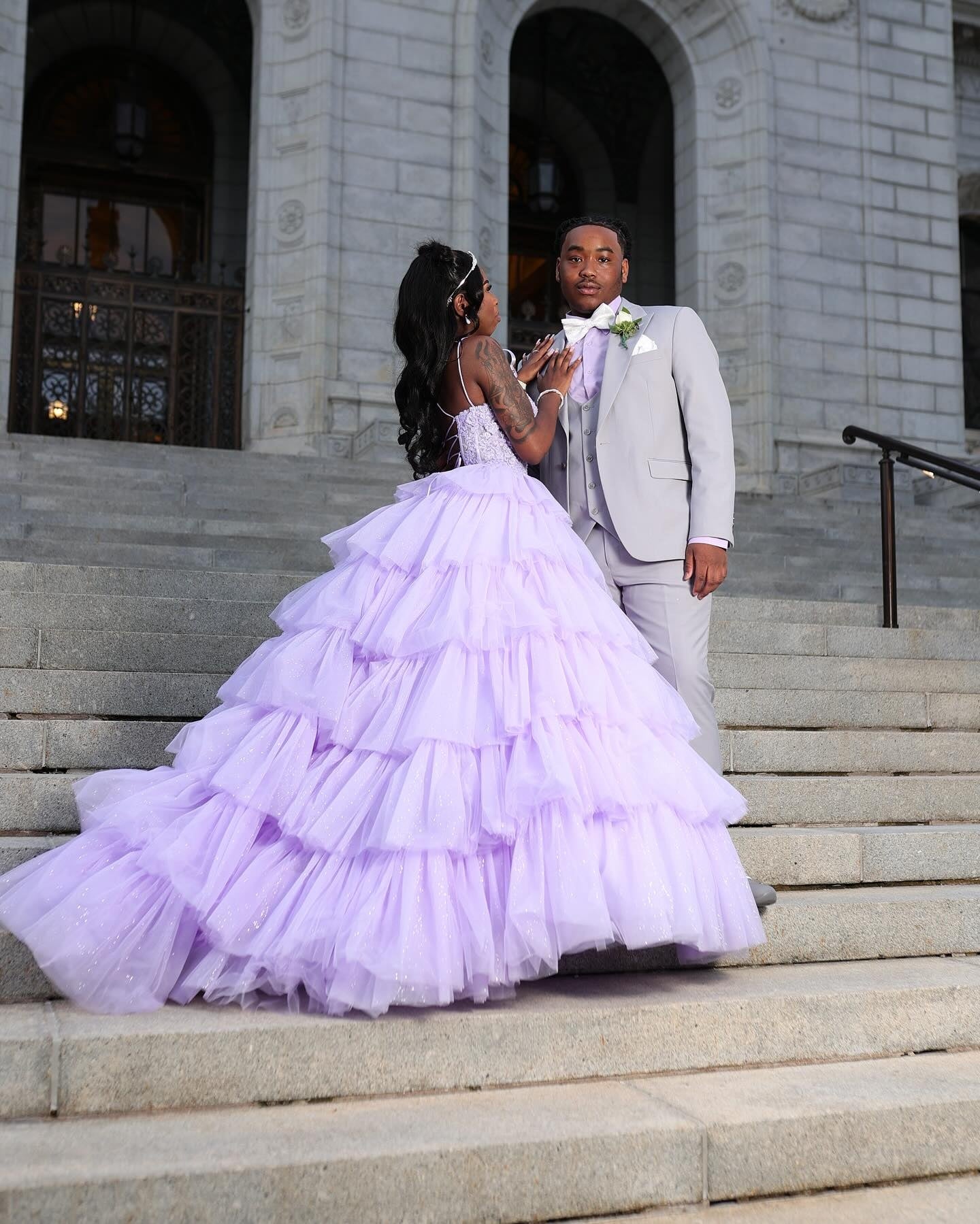 Generous Light Purple Spaghetti Strap Ball Gown Puffy Layers Prom Dresses With Appliques