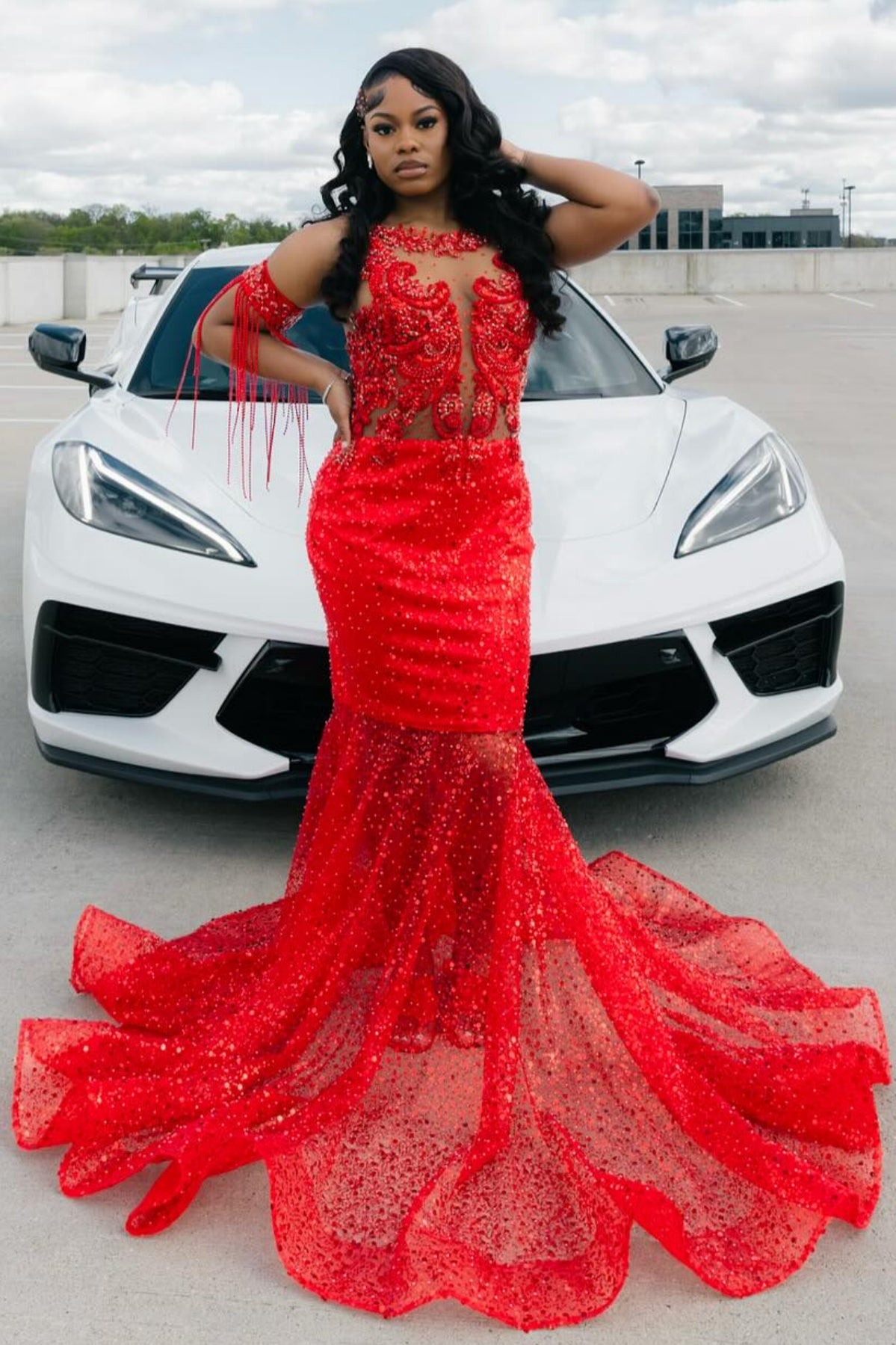 Festival Red Mermaid Jewel Sequins Prom Dresses With Beadings