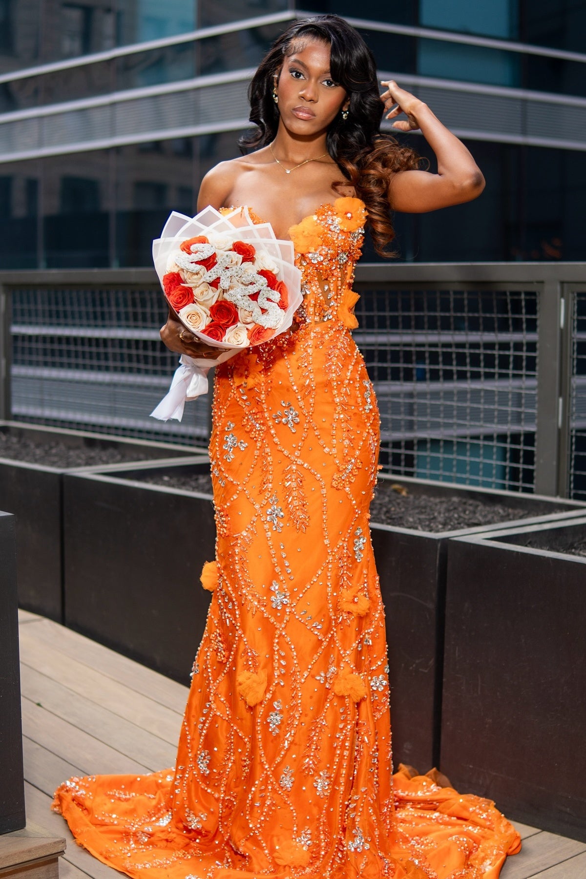 Luxury Orange Sweetheart Mermaid Crystals Beadings Prom Dresses