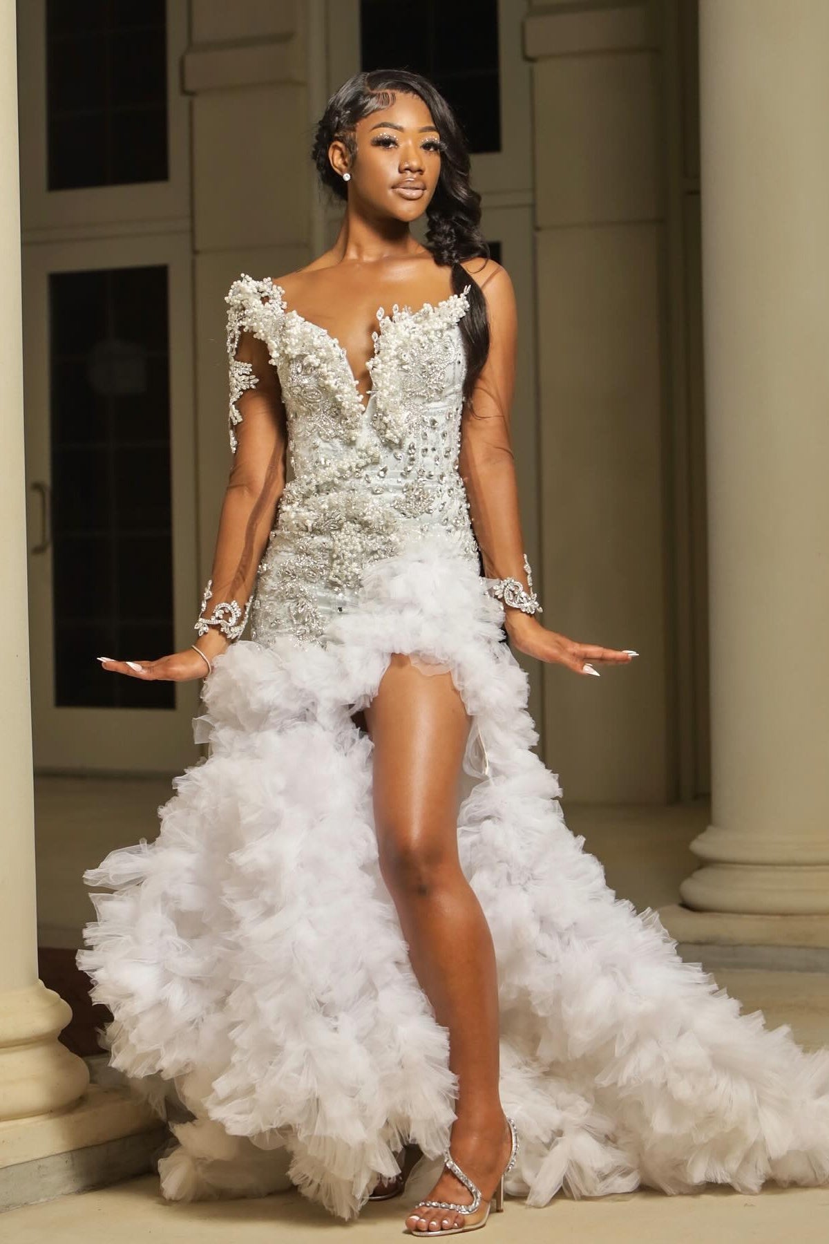 Charming V Neck Long Sleeves Beadings High Split Puffy Layers Prom Dresses