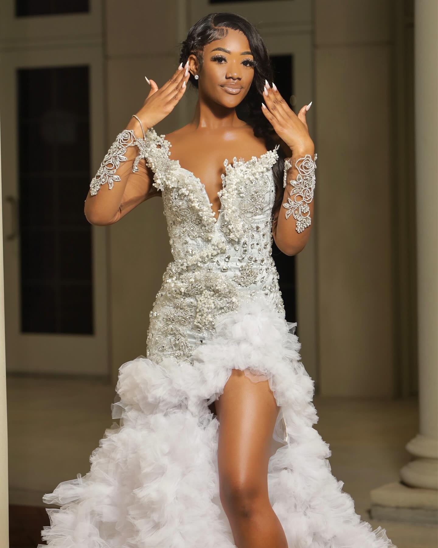 Charming V Neck Long Sleeves Beadings High Split Puffy Layers Prom Dresses