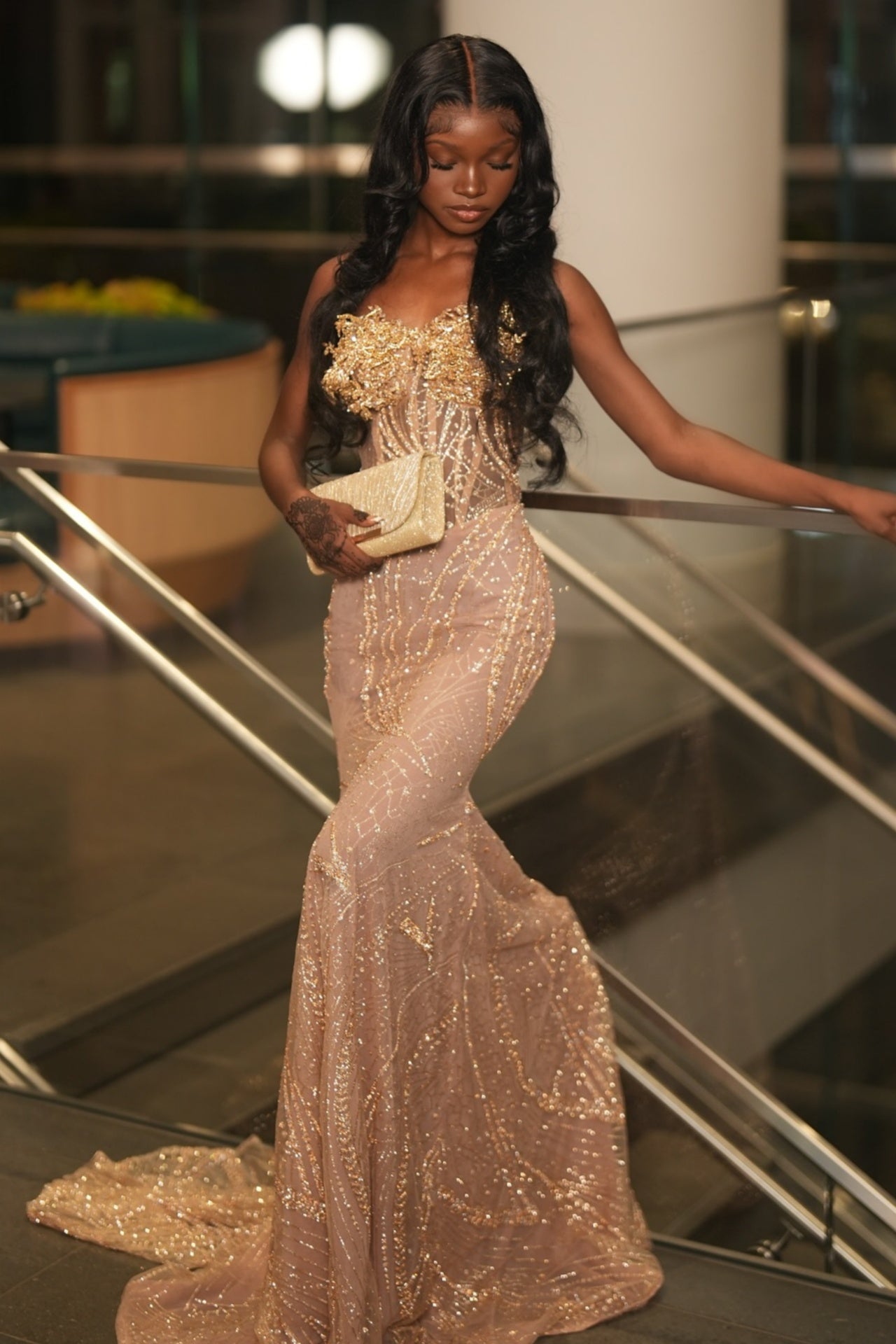 Nectarean Golden Sweetheart Mermaid Beadings Sequins Prom Dresses