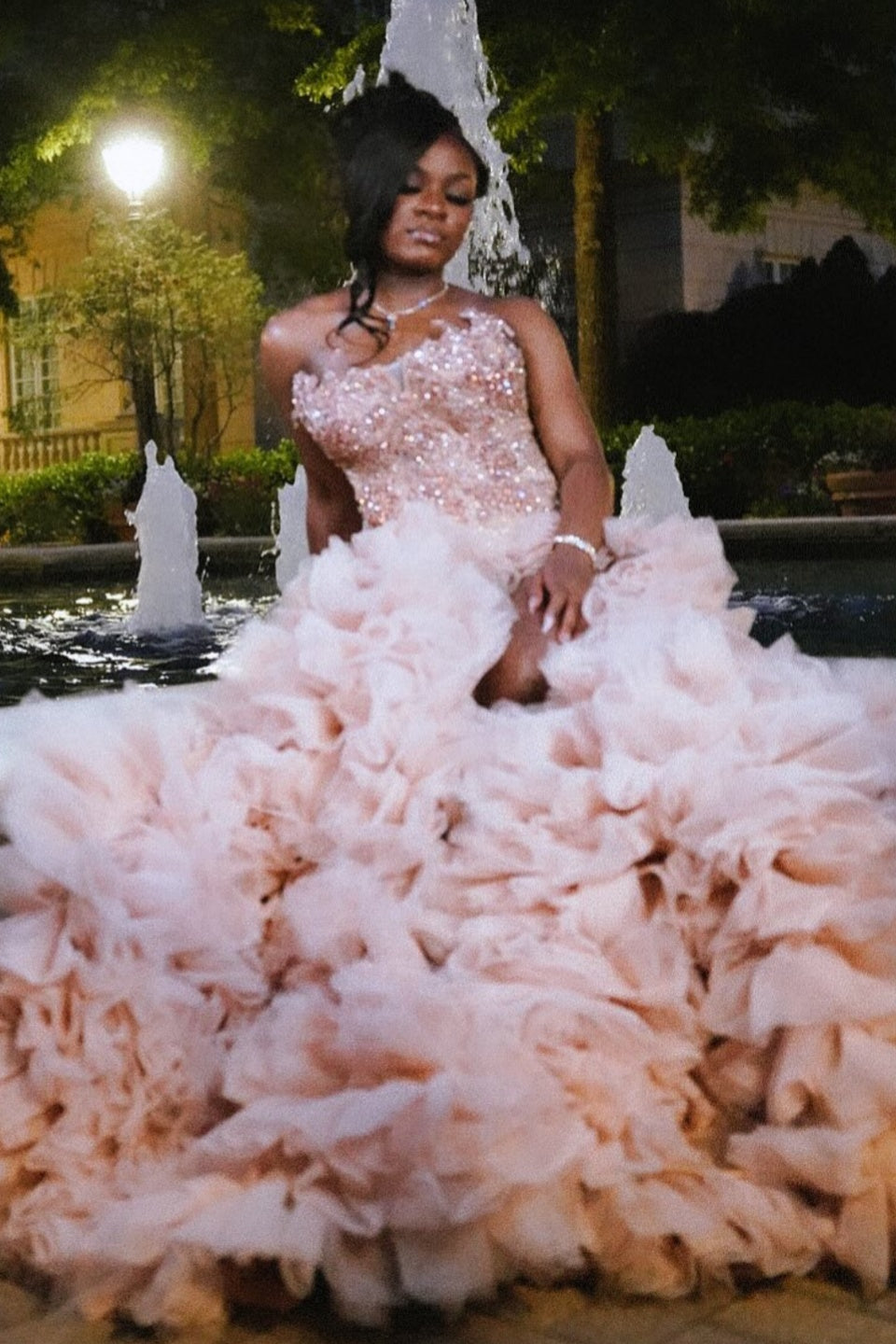 Sexy Dusty Pink Strapless High Split Beadings Puffy Layers Prom Dresses