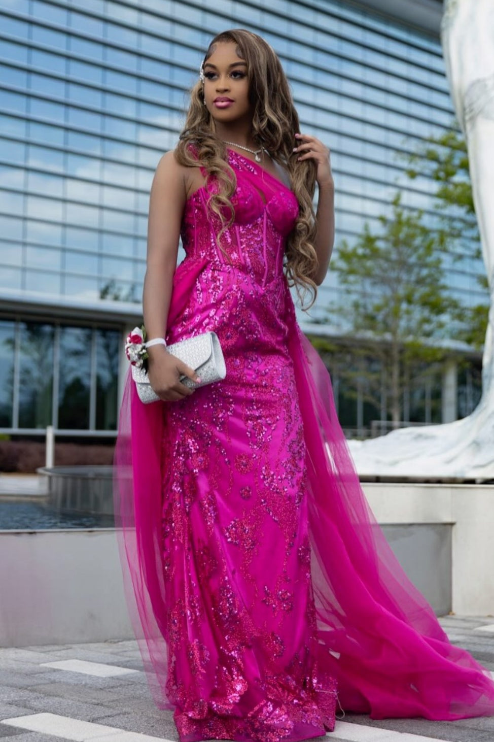 Gorgeous Fuchsia One Shoulder Mermaid Sequins Tulle Prom Dresses