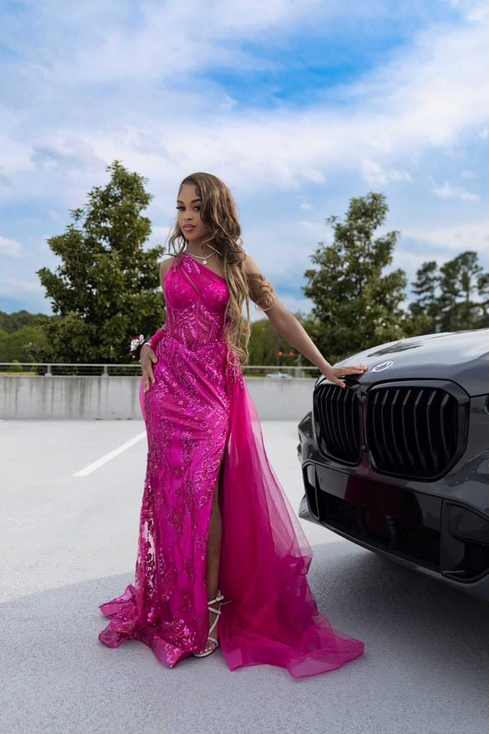 Gorgeous Fuchsia One Shoulder Mermaid Sequins Tulle Prom Dresses