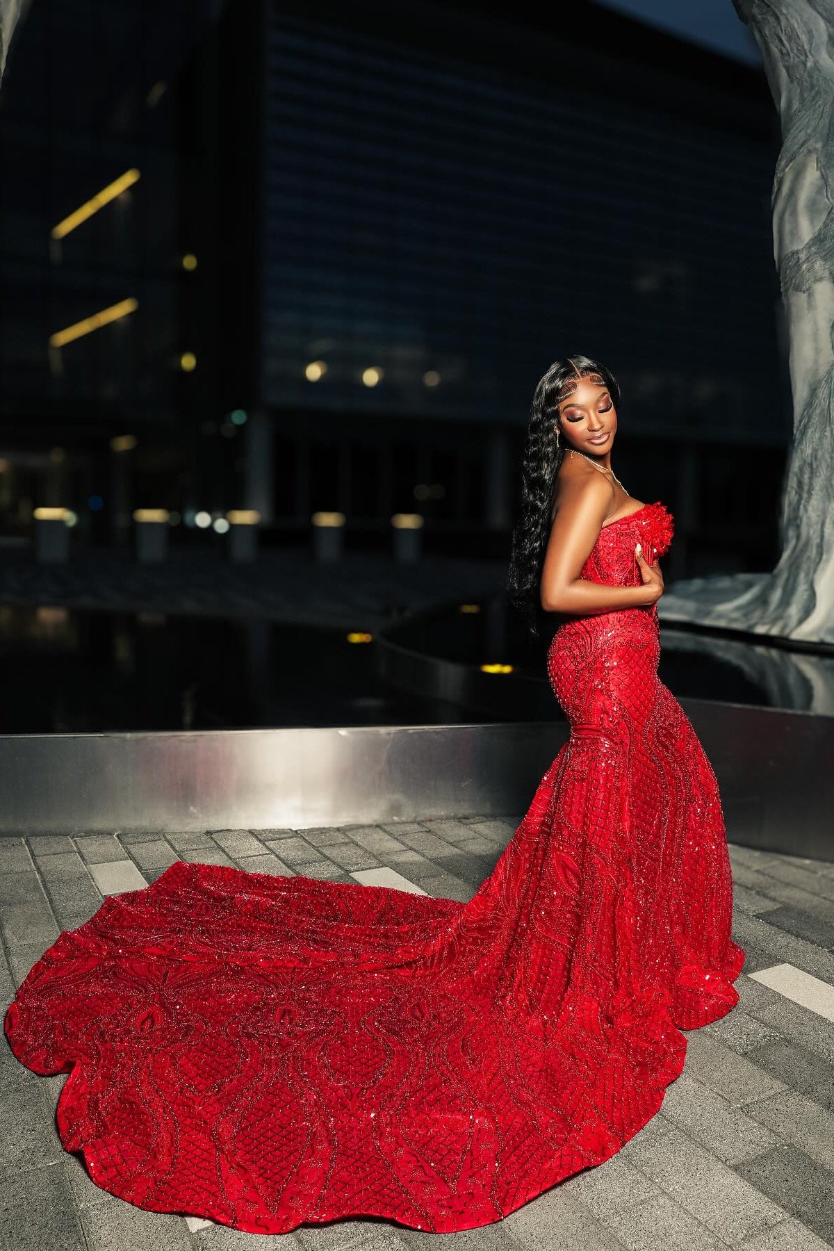 Sparkle Red Strapless Mermaid Sequins Beadings Prom Dresses With Crystal