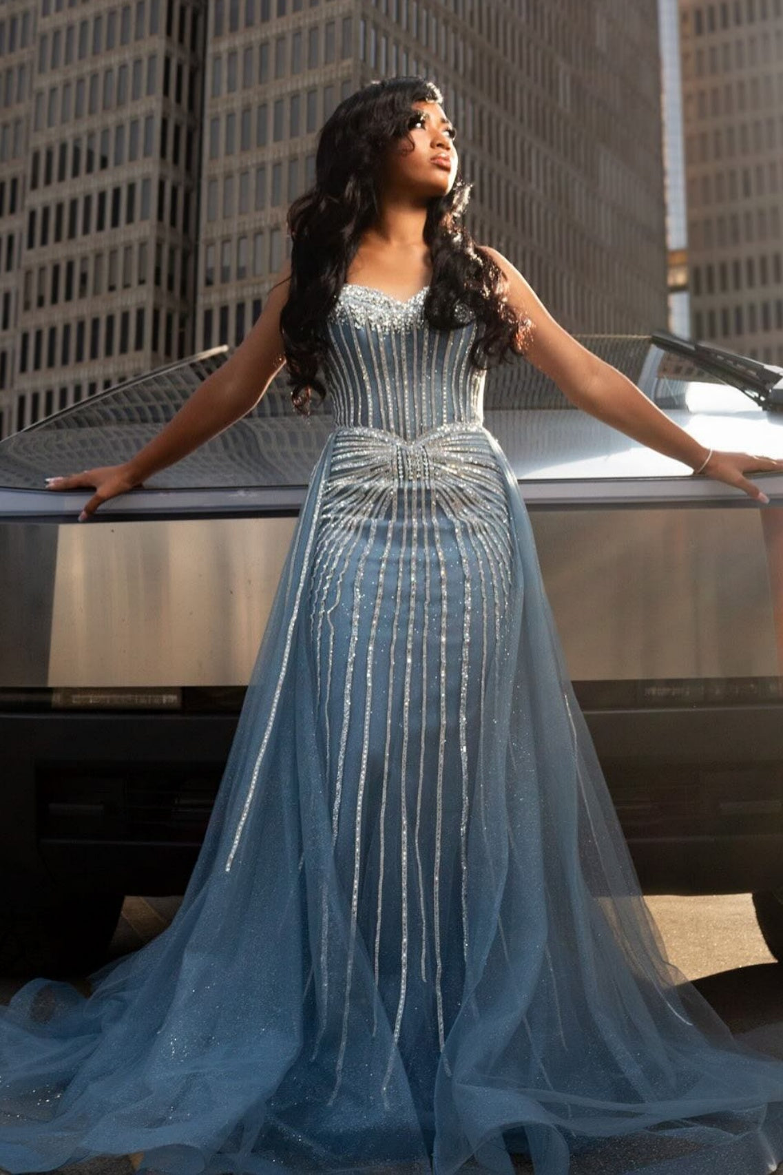 Modern Dusty Blue Sweetheart A Line Sequins Tulle Beadings Prom Dresses