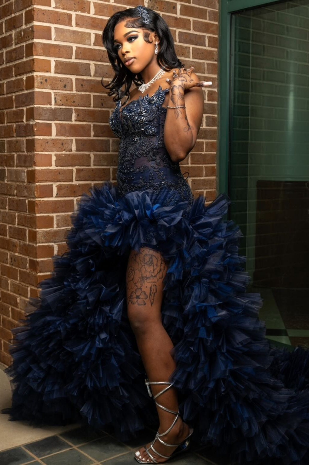 Classical Dark Blue One Shoulder High Split Beadings Prom Dresses With Puffy Layers