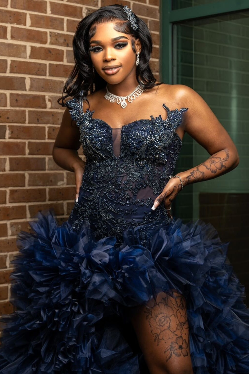 Classical Dark Blue One Shoulder High Split Beadings Prom Dresses With Puffy Layers