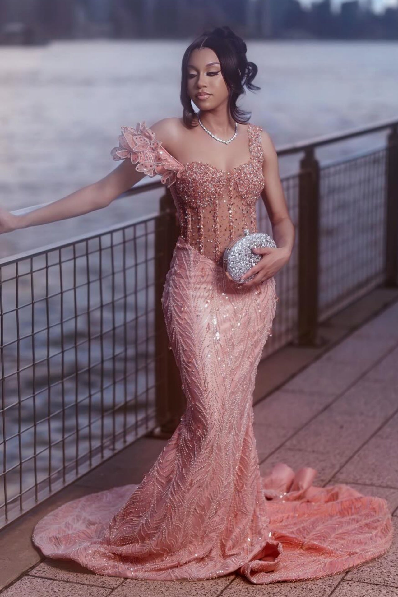 Sparkle Pink Sweetheart Mermaid Beadings Prom Dresses