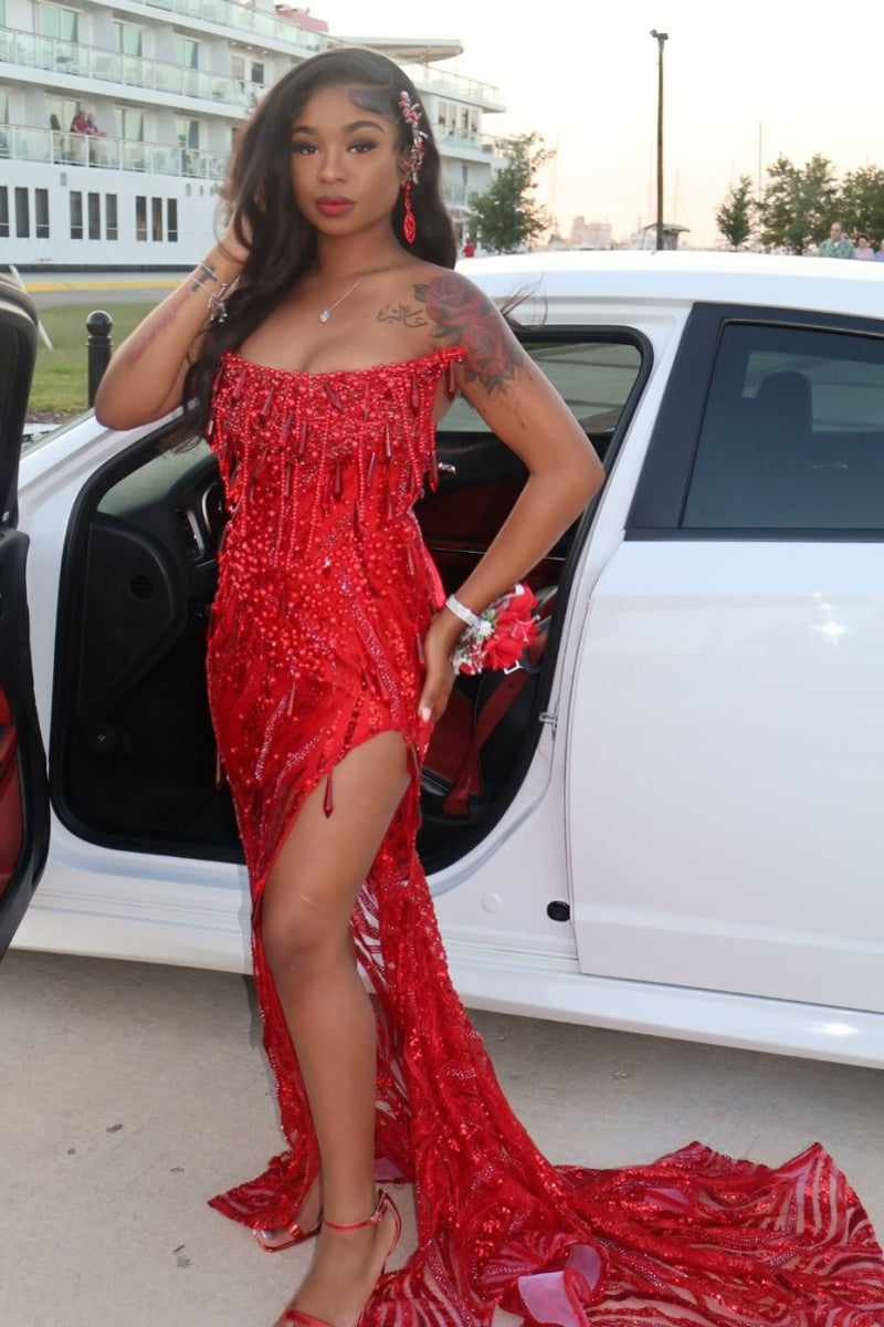 Sexy Red Sequined Crystal Fringe Side Slit Prom Dresses With Beadings