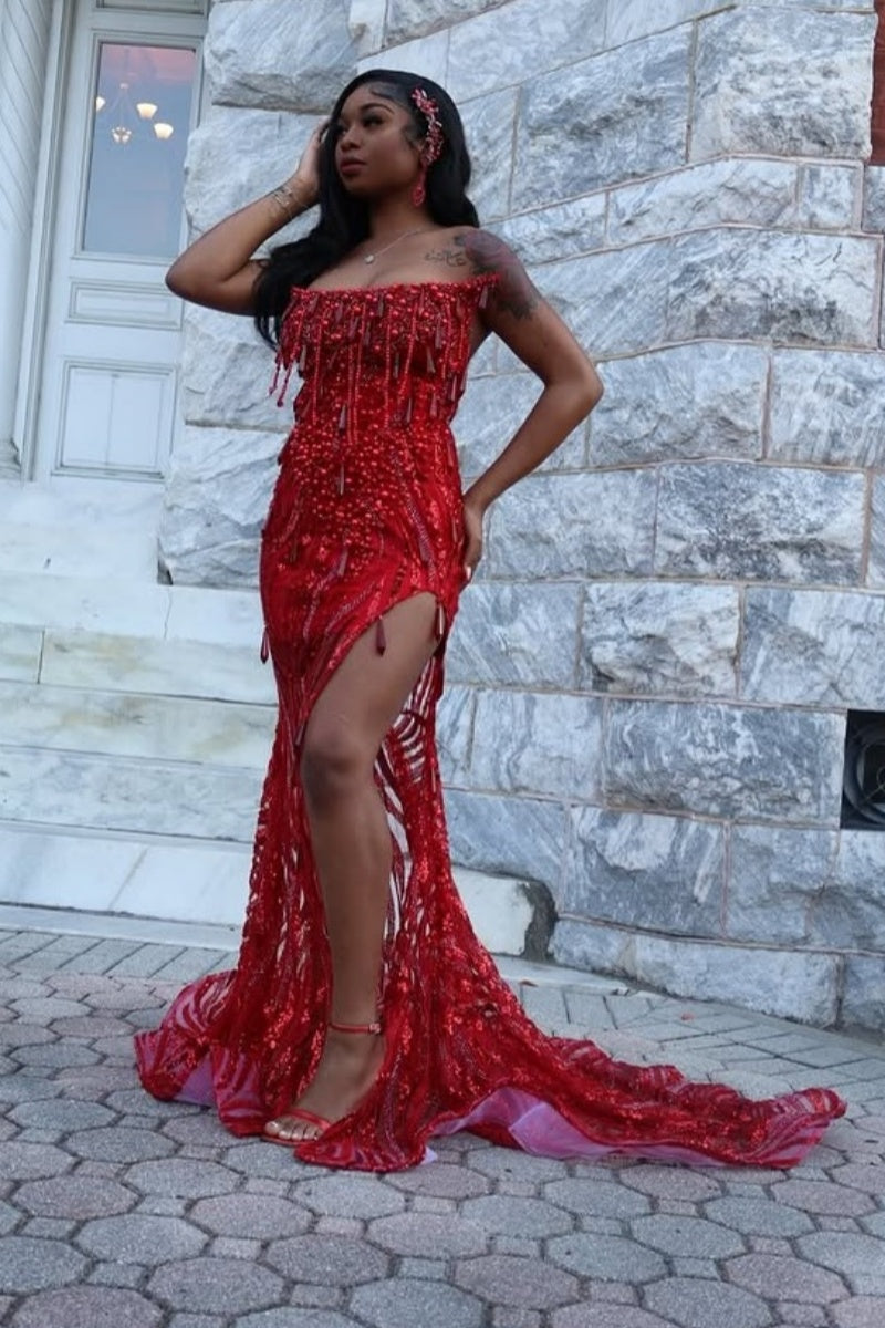 Sexy Red Sequined Crystal Fringe Side Slit Prom Dresses With Beadings