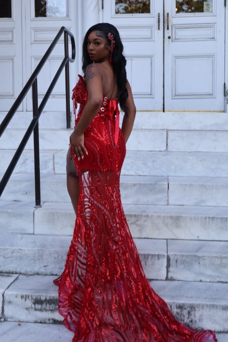 Sexy Red Sequined Crystal Fringe Side Slit Prom Dresses With Beadings