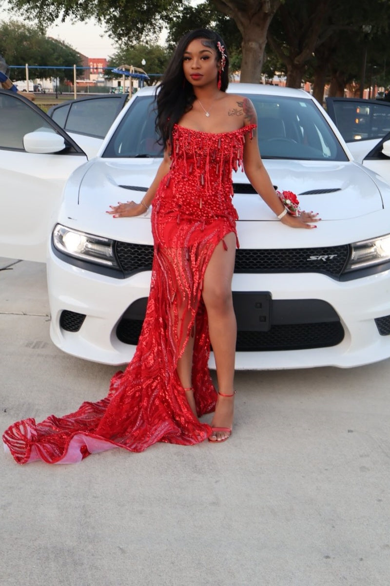 Sexy Red Sequined Crystal Fringe Side Slit Prom Dresses With Beadings