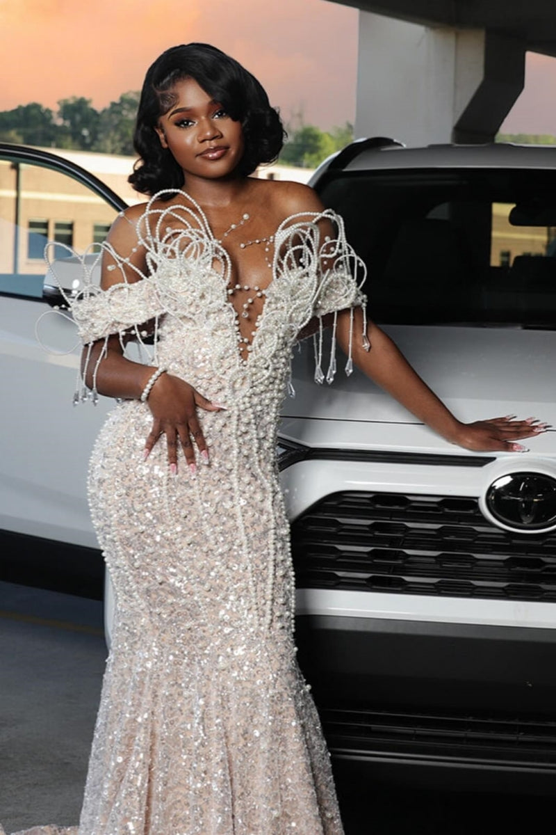 Trendy White Beading Off-the-shoulder Deep V-Neck Sequined Mermaid Wedding Dresses