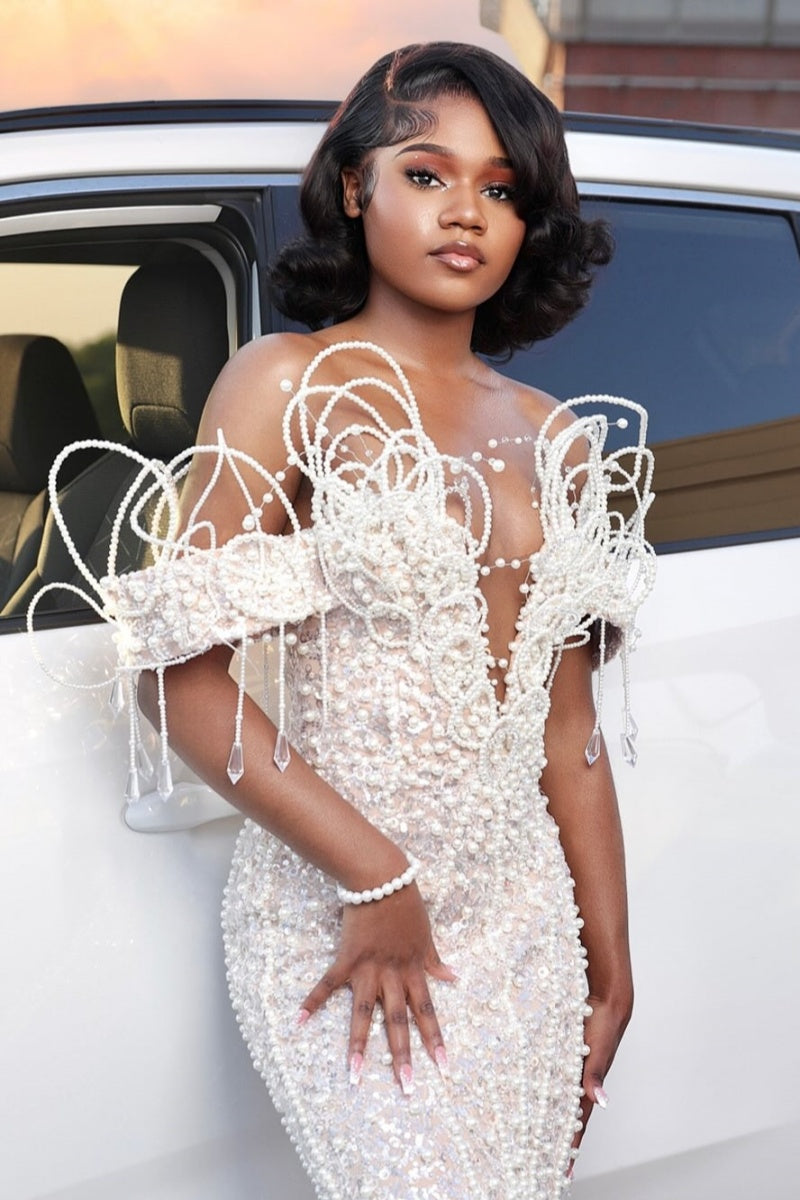 Trendy White Beading Off-the-shoulder Deep V-Neck Sequined Mermaid Wedding Dresses