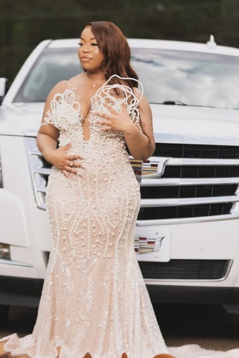 Glamorous Nude Pink Beaded Strapless Sheer Straps Mermaid Wedding Dresses