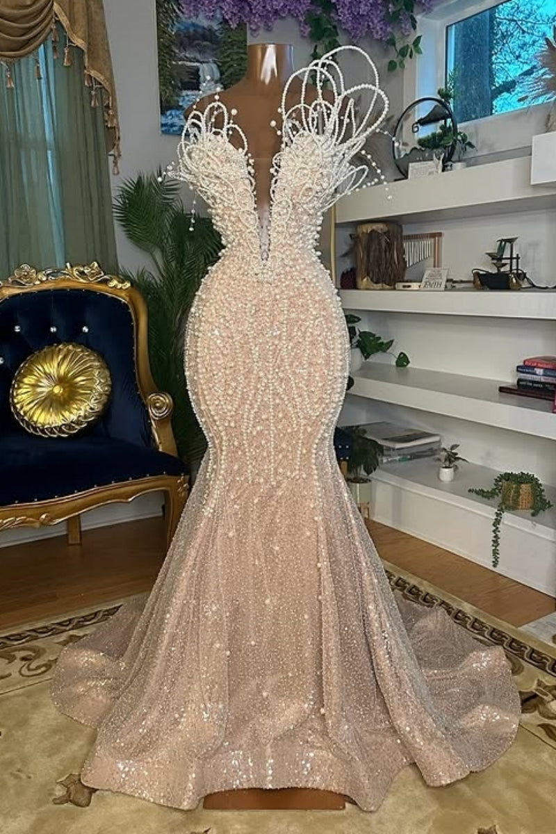 Glamorous Nude Pink Beaded Strapless Sheer Straps Mermaid Wedding Dresses